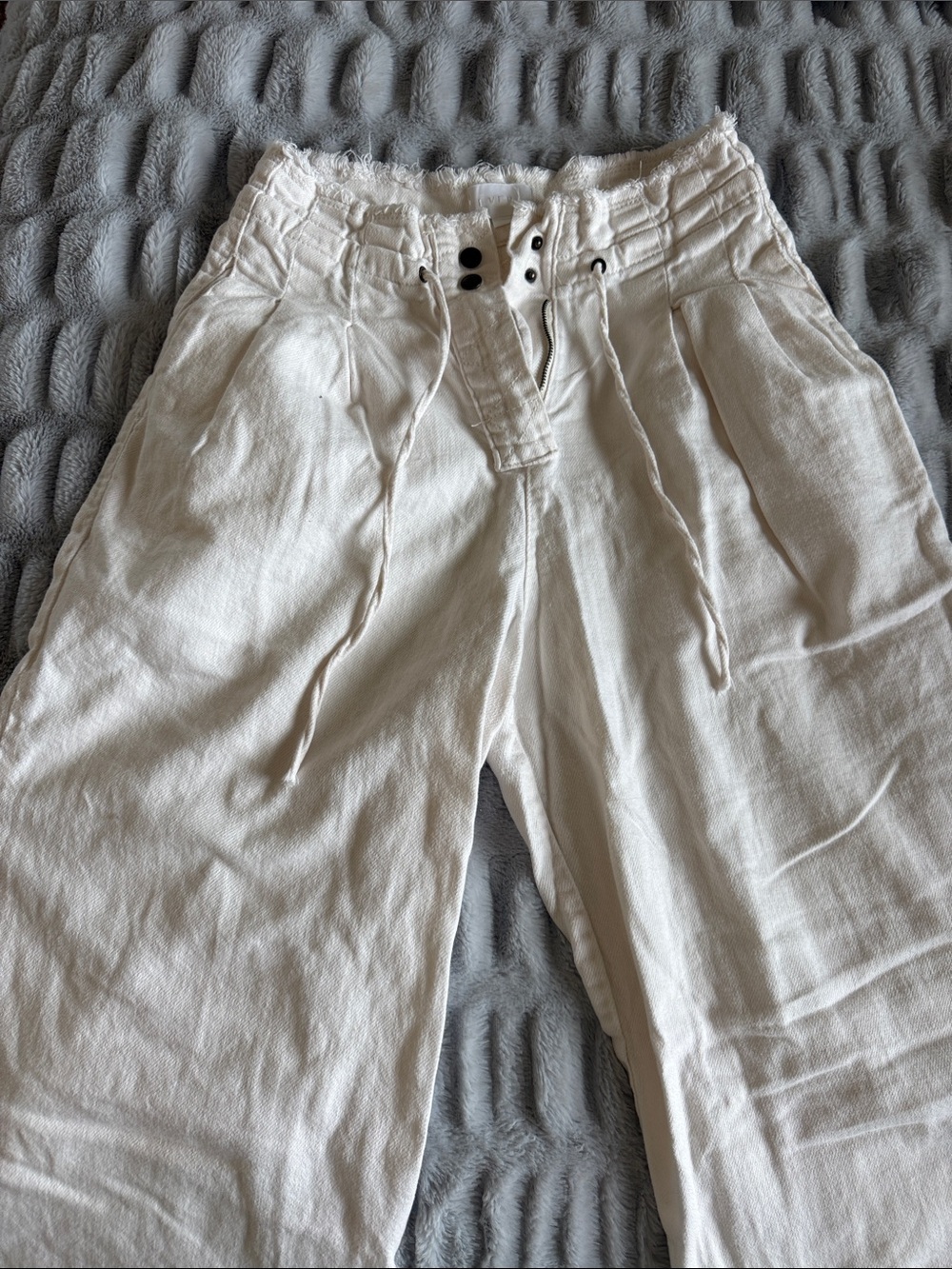 Casual Off-White Drawstring Waist Linen Wide Leg Pants
